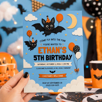 Cute Bat Halloween Birthday Invitation, Kids Spooky Birthday Party Invite, Blue Orange Bat Party, Editable Canva Template