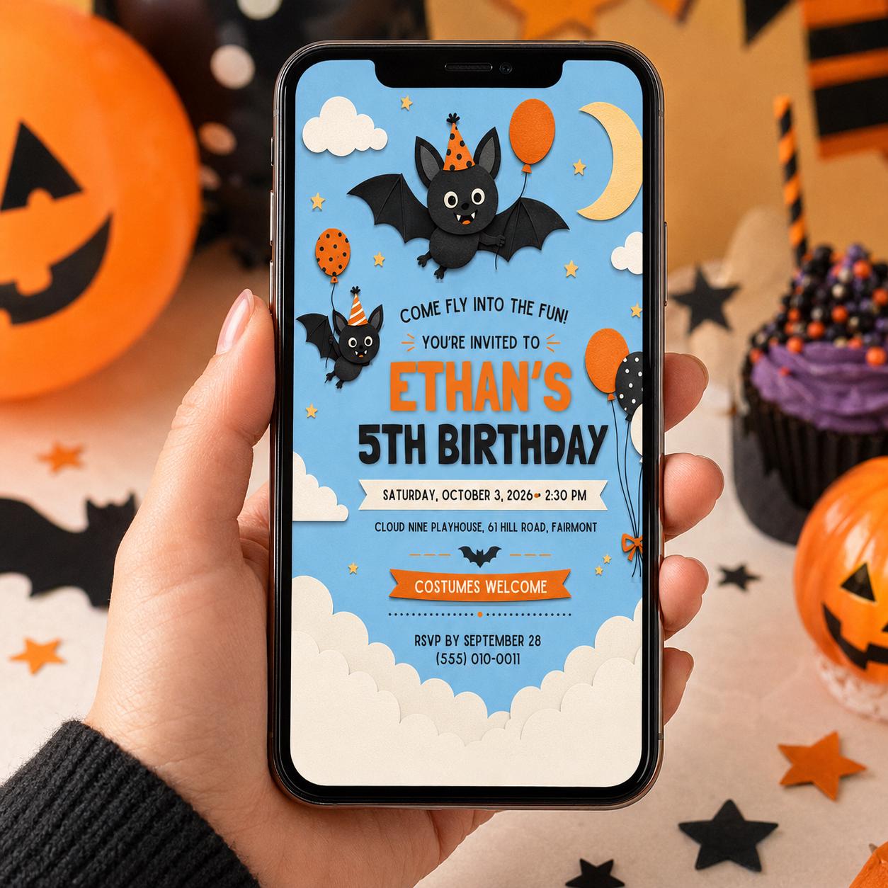 Cute Bat Halloween Birthday Invitation, Kids Spooky Birthday Party Invite, Blue Orange Bat Party, Editable Canva Template