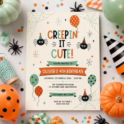 Cute Spider Halloween Birthday Invitation, Creepin It Cute Party Invite, Kids Spooky Birthday, Retro Halloween Canva Template
