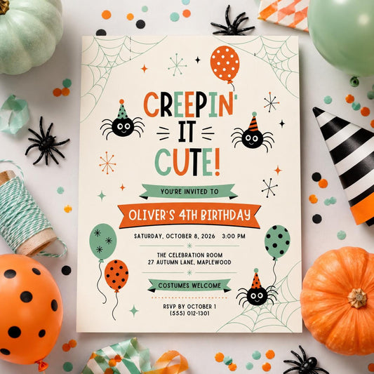 Cute Spider Halloween Birthday Invitation, Creepin It Cute Party Invite, Kids Spooky Birthday, Retro Halloween Canva Template