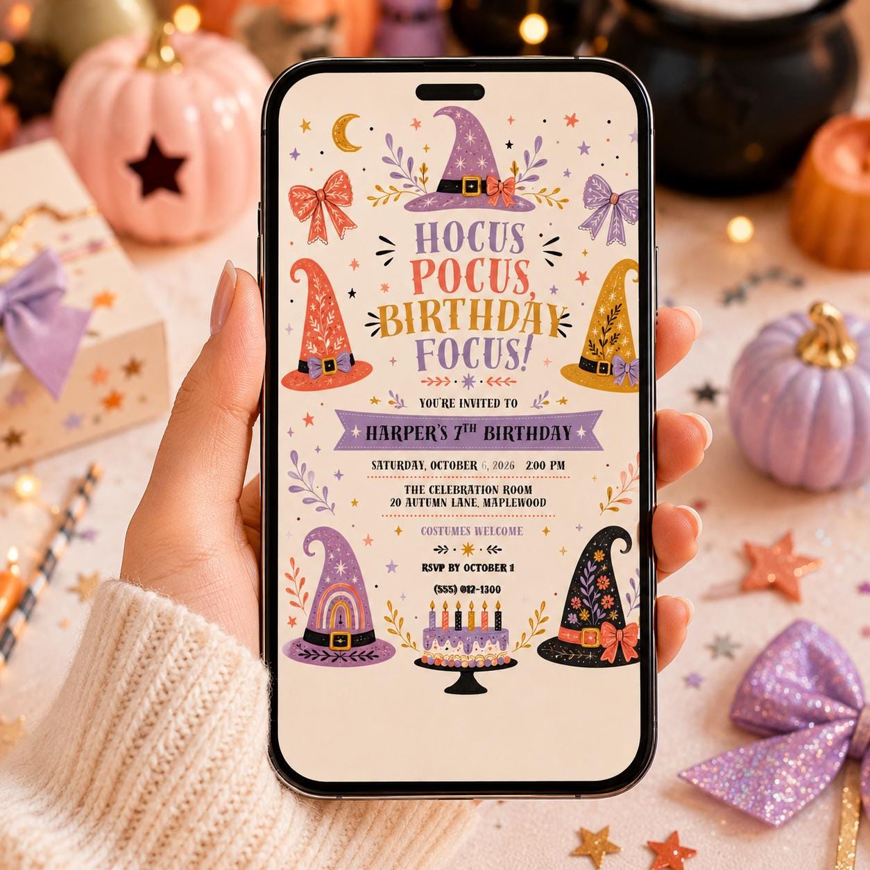 Witch Birthday Invitation, Magical Halloween Birthday Party Invite, Cute Witch Hat Theme, Girls Spooky Birthday, Editable Canva Template