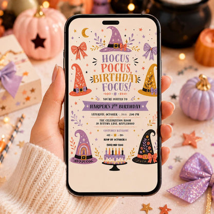 Witch Birthday Invitation, Magical Halloween Birthday Party Invite, Cute Witch Hat Theme, Girls Spooky Birthday, Editable Canva Template