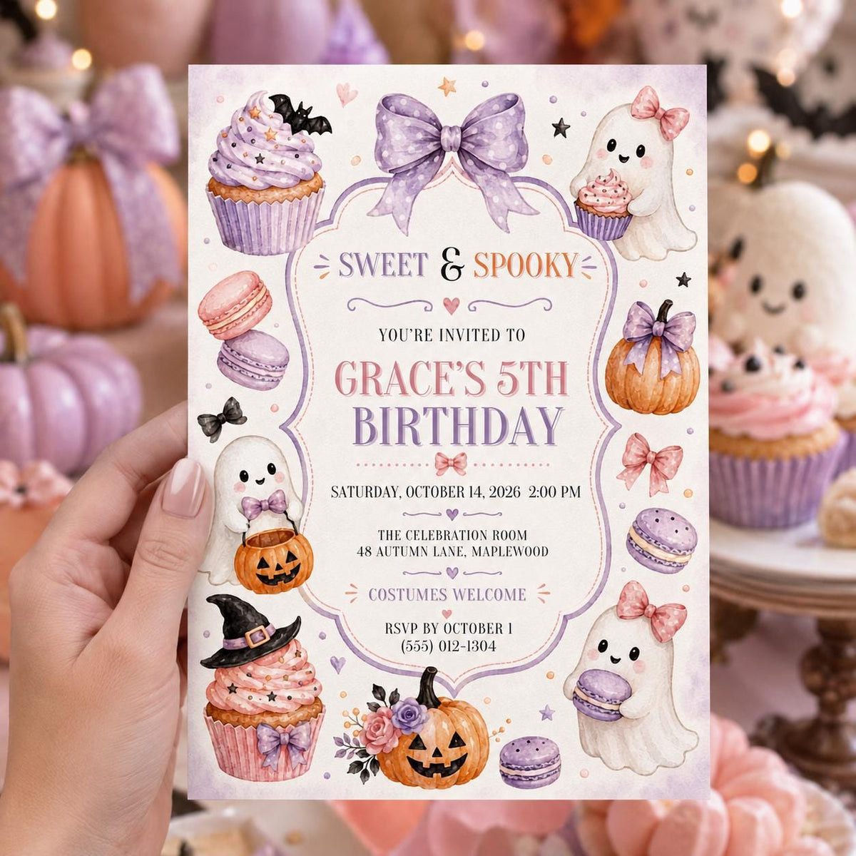 Cute Ghost Halloween Birthday Invitation, Sweet and Spooky Girls Birthday Invite, Pastel Halloween Party, Editable Canva Template
