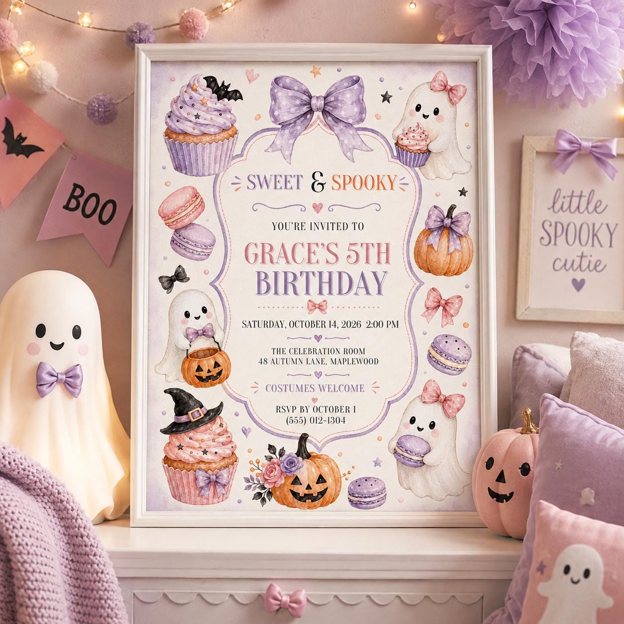 Cute Ghost Halloween Birthday Invitation, Sweet and Spooky Girls Birthday Invite, Pastel Halloween Party, Editable Canva Template