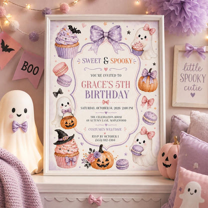 Cute Ghost Halloween Birthday Invitation, Sweet and Spooky Girls Birthday Invite, Pastel Halloween Party, Editable Canva Template