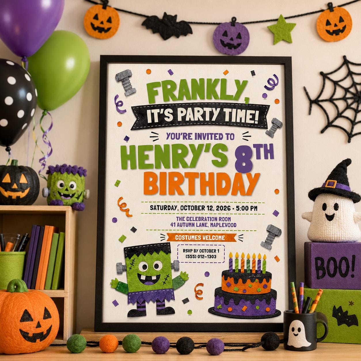 Monster Halloween Birthday Invitation, Green Monster Kids Party Invite, Spooky Birthday Celebration, Editable Canva Template