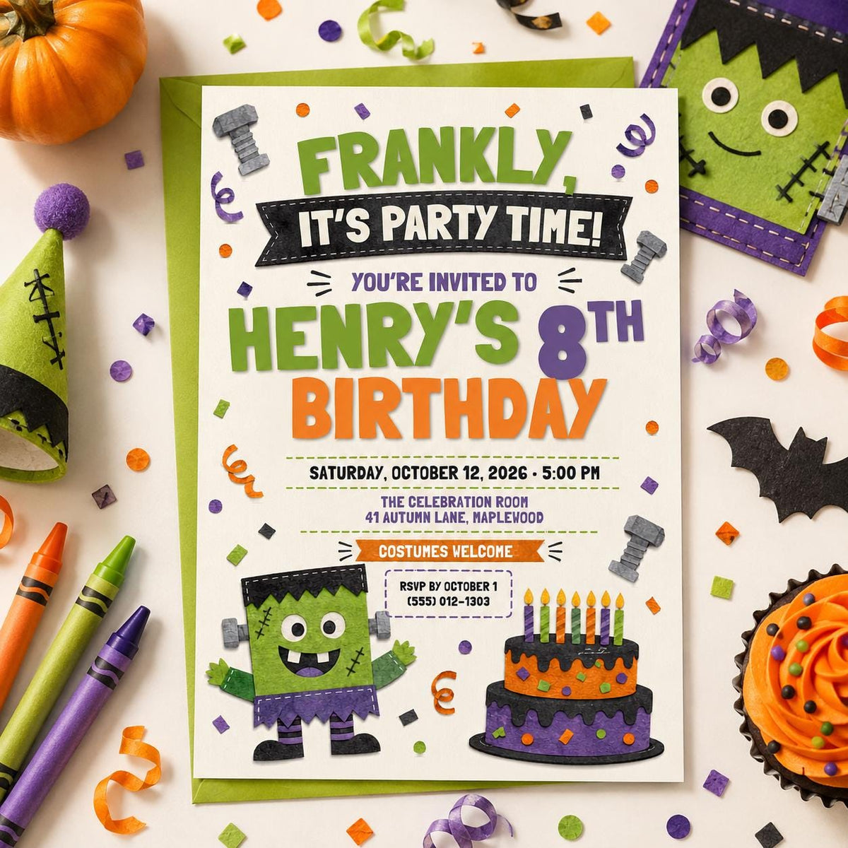 Monster Halloween Birthday Invitation, Green Monster Kids Party Invite, Spooky Birthday Celebration, Editable Canva Template