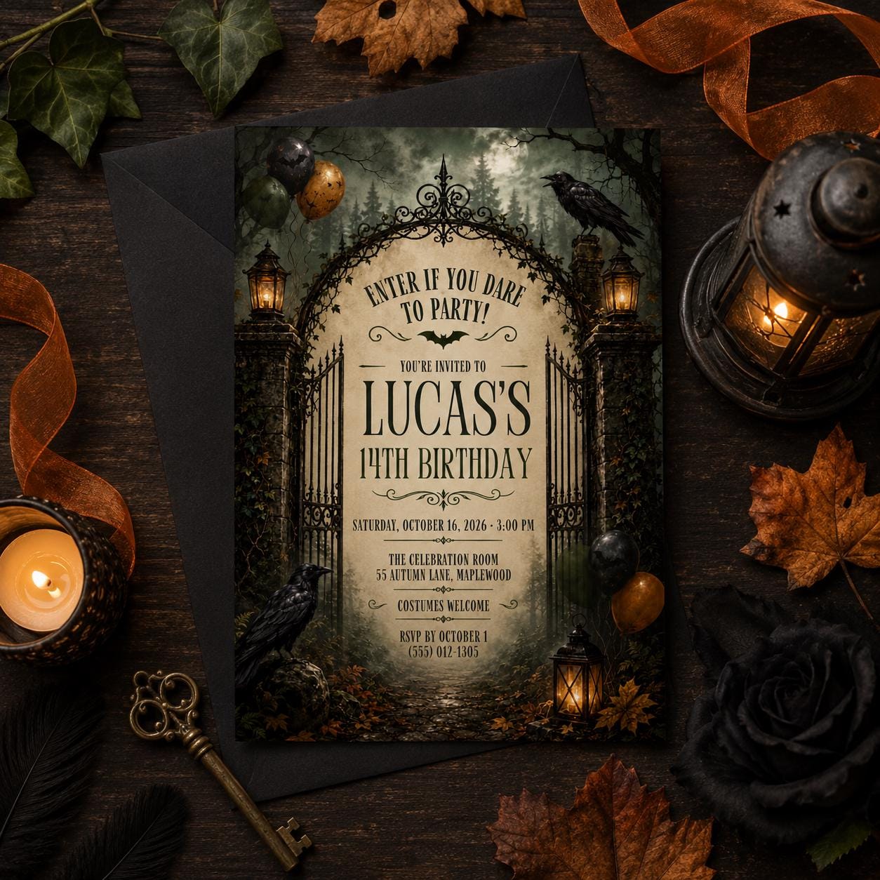 Gothic Halloween Birthday Invitation, Haunted Forest Party Invite, Raven and Lantern Birthday, Spooky Teen Party, Editable Canva Template