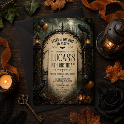 Gothic Halloween Birthday Invitation, Haunted Forest Party Invite, Raven and Lantern Birthday, Spooky Teen Party, Editable Canva Template
