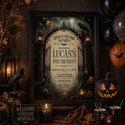 Gothic Halloween Birthday Invitation, Haunted Forest Party Invite, Raven and Lantern Birthday, Spooky Teen Party, Editable Canva Template