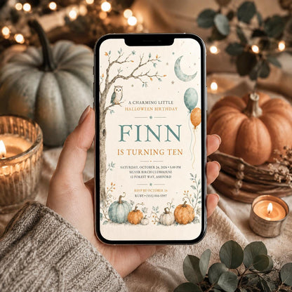 Halloween Birthday Invitation, Pumpkin Owl Fall Birthday Invite, Woodland Autumn Party, Kids October Birthday, Editable Canva Template