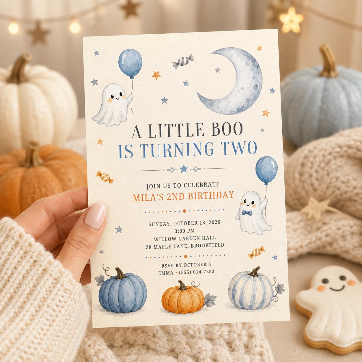 Little Boo 2nd Birthday Invitation, Cute Ghost Halloween Birthday Invite, Pumpkin Fall Party, Toddler Birthday, Editable Canva Template