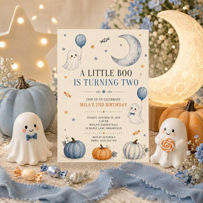 Little Boo 2nd Birthday Invitation, Cute Ghost Halloween Birthday Invite, Pumpkin Fall Party, Toddler Birthday, Editable Canva Template
