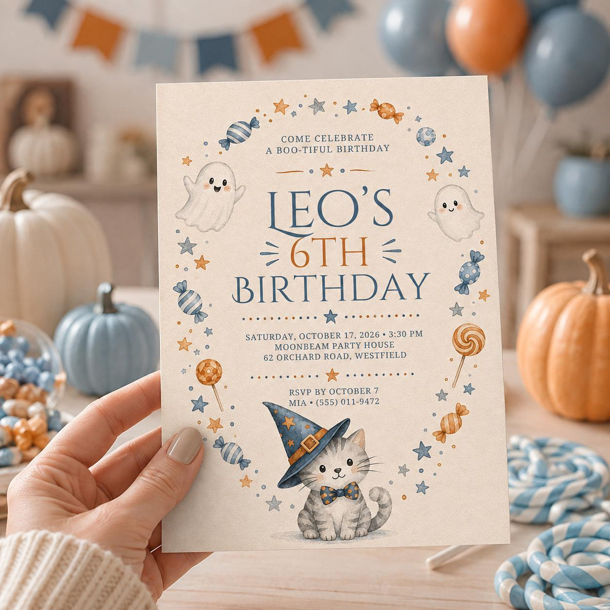 Cute Ghost Halloween Birthday Invitation, Witch Cat Kids Party Invite, Blue Orange Spooky Birthday, Editable Canva Template