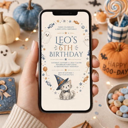 Cute Ghost Halloween Birthday Invitation, Witch Cat Kids Party Invite, Blue Orange Spooky Birthday, Editable Canva Template