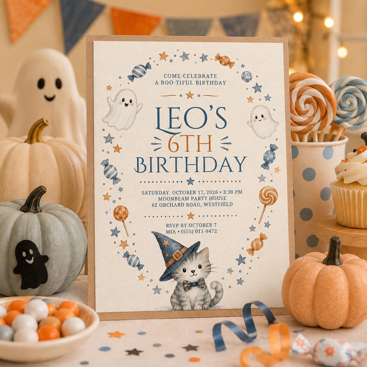 Cute Ghost Halloween Birthday Invitation, Witch Cat Kids Party Invite, Blue Orange Spooky Birthday, Editable Canva Template