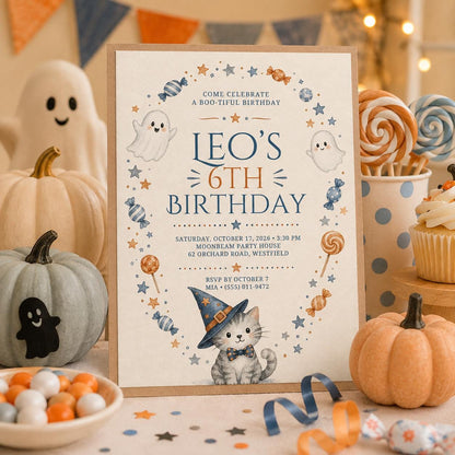 Cute Ghost Halloween Birthday Invitation, Witch Cat Kids Party Invite, Blue Orange Spooky Birthday, Editable Canva Template