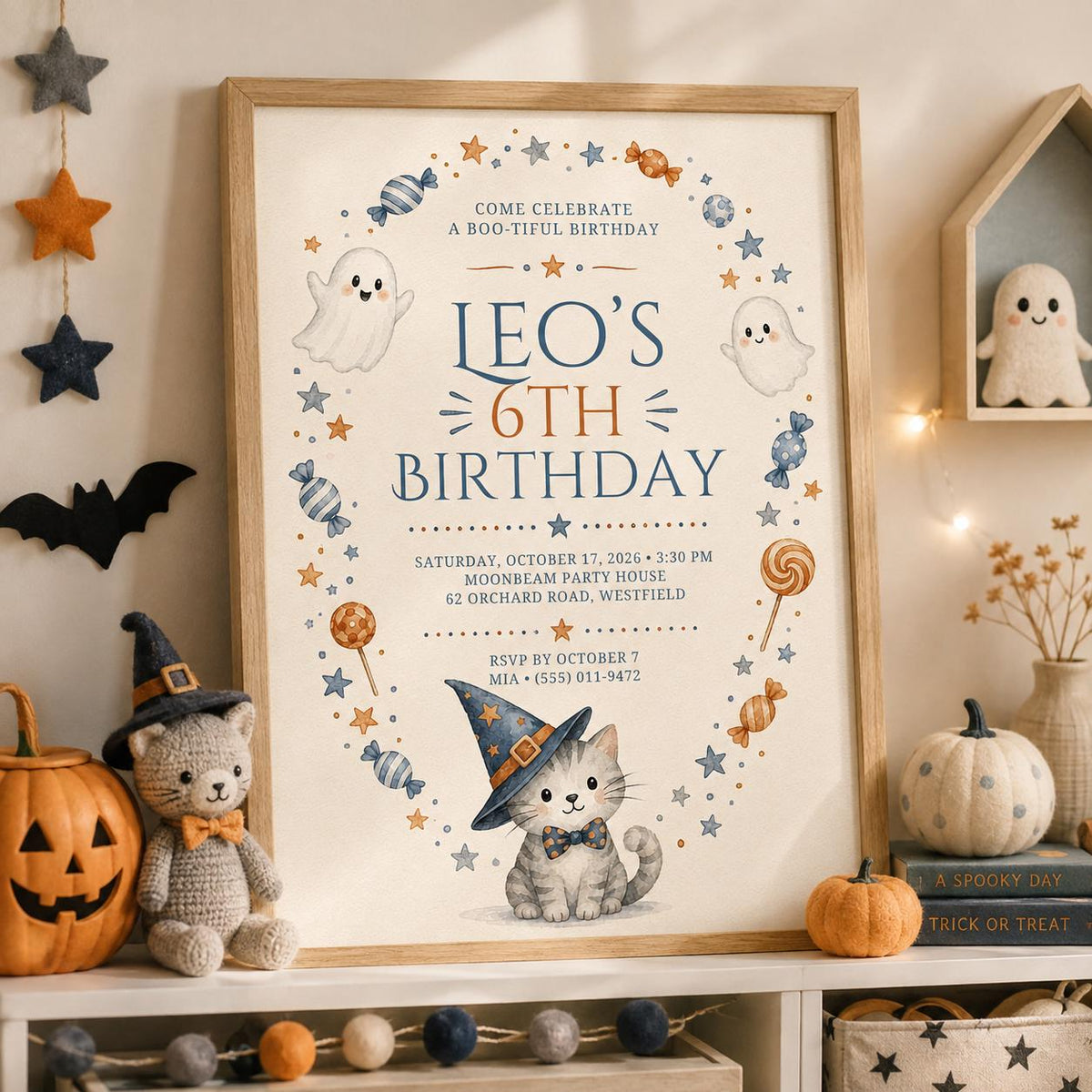 Cute Ghost Halloween Birthday Invitation, Witch Cat Kids Party Invite, Blue Orange Spooky Birthday, Editable Canva Template