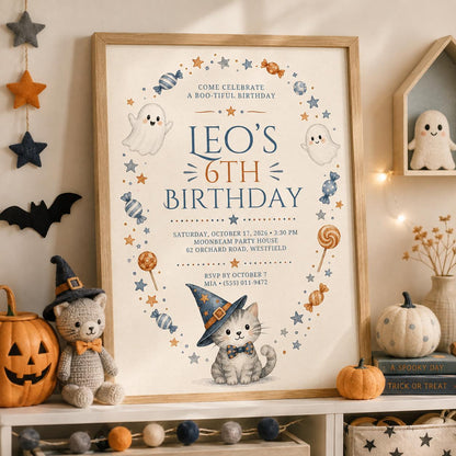Cute Ghost Halloween Birthday Invitation, Witch Cat Kids Party Invite, Blue Orange Spooky Birthday, Editable Canva Template