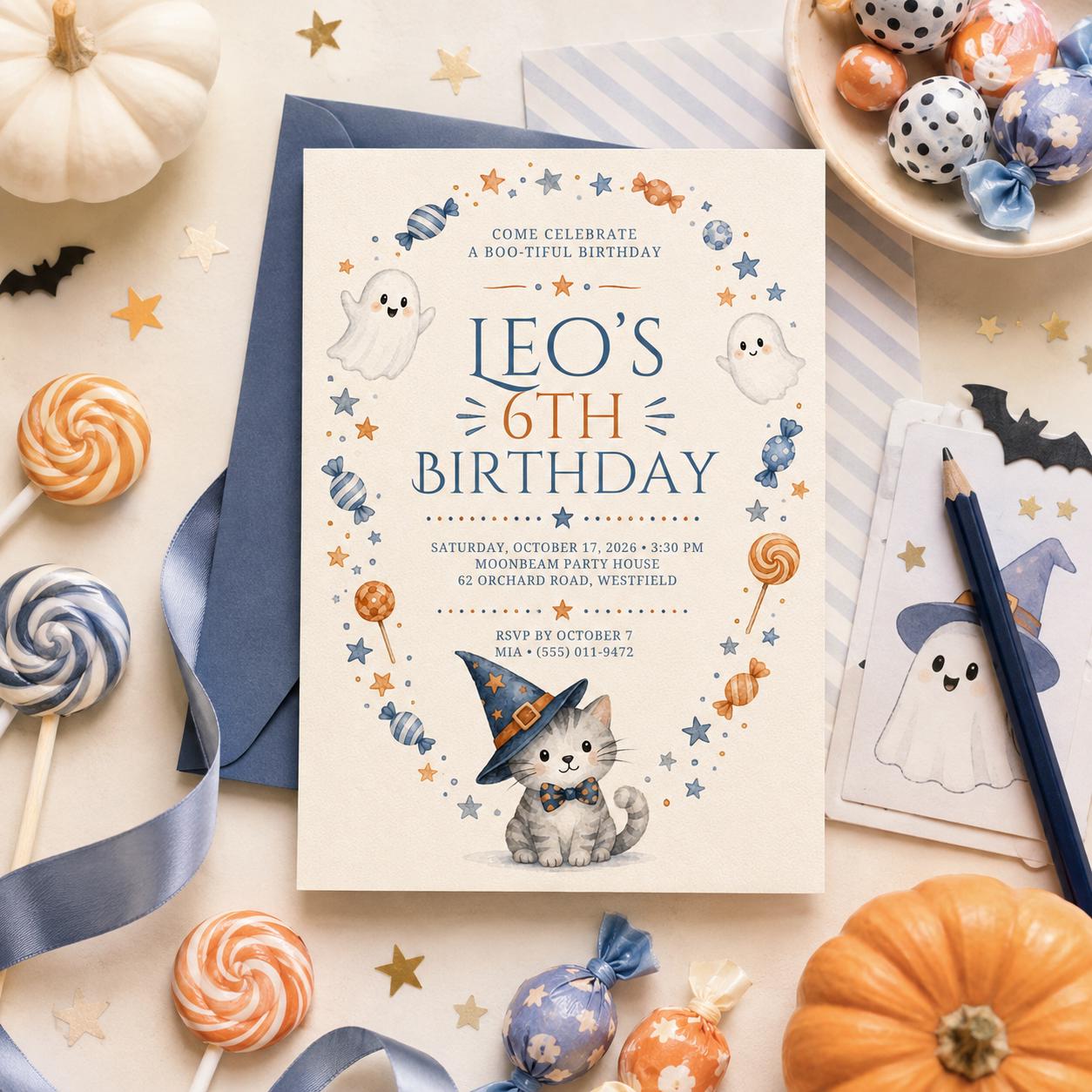 Cute Ghost Halloween Birthday Invitation, Witch Cat Kids Party Invite, Blue Orange Spooky Birthday, Editable Canva Template