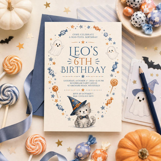 Cute Ghost Halloween Birthday Invitation, Witch Cat Kids Party Invite, Blue Orange Spooky Birthday, Editable Canva Template