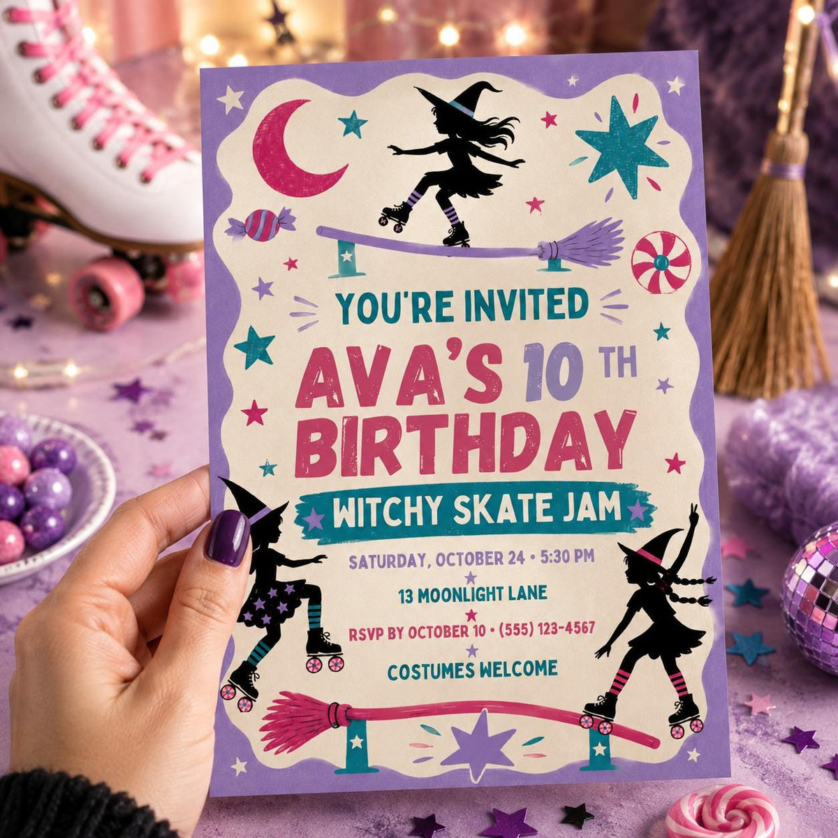 Witchy Skate Jam Birthday Invitation, Roller Skating Halloween Party Invite for Girls, Editable Canva Template, Instant Download