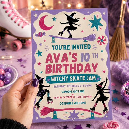 Witchy Skate Jam Birthday Invitation, Roller Skating Halloween Party Invite for Girls, Editable Canva Template, Instant Download