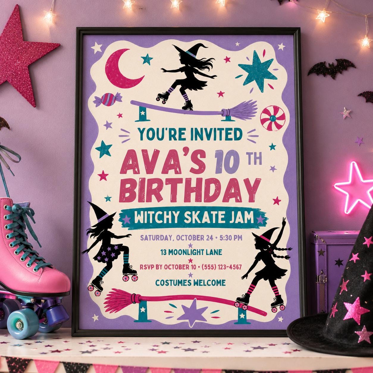 Witchy Skate Jam Birthday Invitation, Roller Skating Halloween Party Invite for Girls, Editable Canva Template, Instant Download