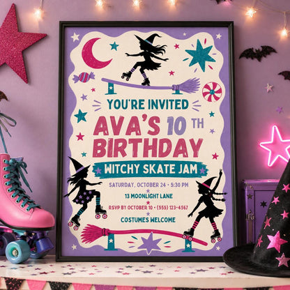 Witchy Skate Jam Birthday Invitation, Roller Skating Halloween Party Invite for Girls, Editable Canva Template, Instant Download