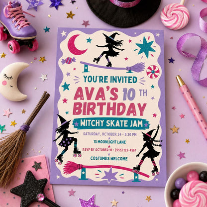 Witchy Skate Jam Birthday Invitation, Roller Skating Halloween Party Invite for Girls, Editable Canva Template, Instant Download