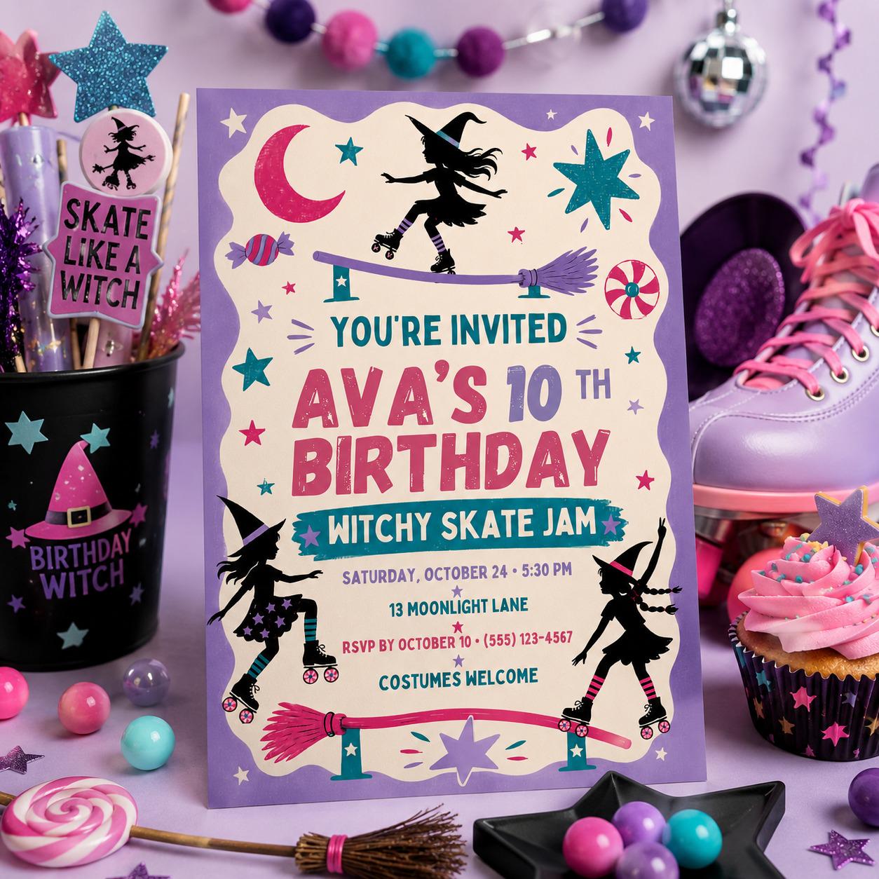 Witchy Skate Jam Birthday Invitation, Roller Skating Halloween Party Invite for Girls, Editable Canva Template, Instant Download