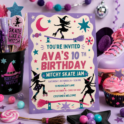 Witchy Skate Jam Birthday Invitation, Roller Skating Halloween Party Invite for Girls, Editable Canva Template, Instant Download