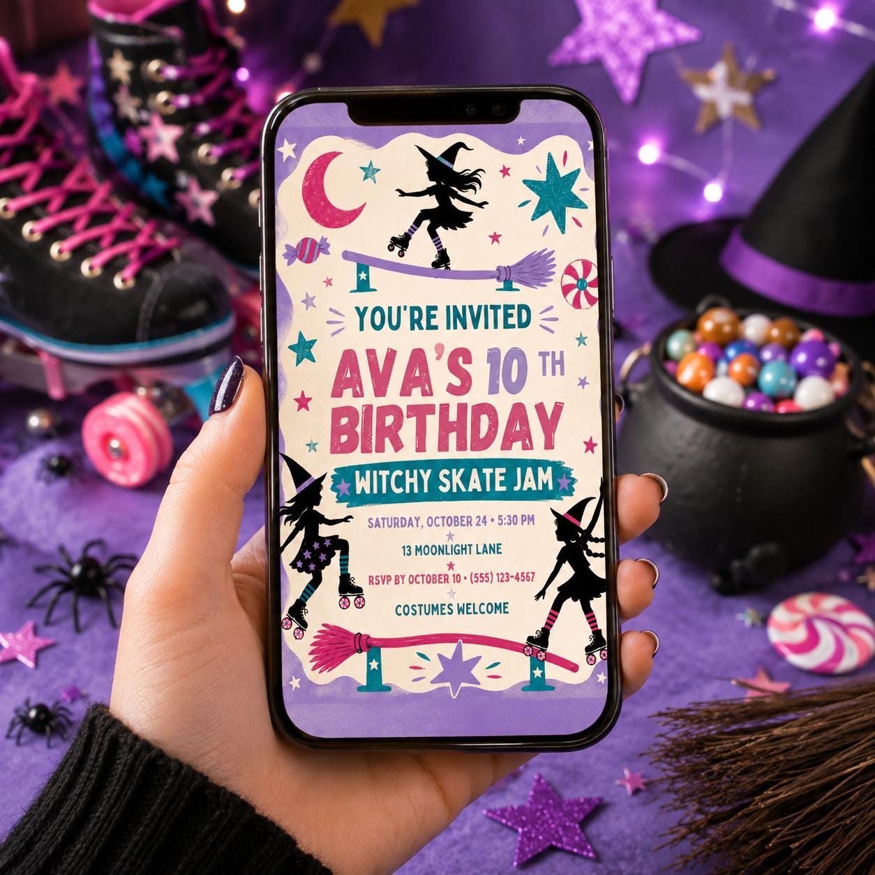 Witchy Skate Jam Birthday Invitation, Roller Skating Halloween Party Invite for Girls, Editable Canva Template, Instant Download
