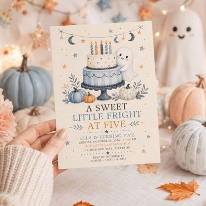 5th Birthday Halloween Invitation, Cute Ghost Pumpkin Birthday Invite, Sweet Spooky Fall Party, Editable Canva Template