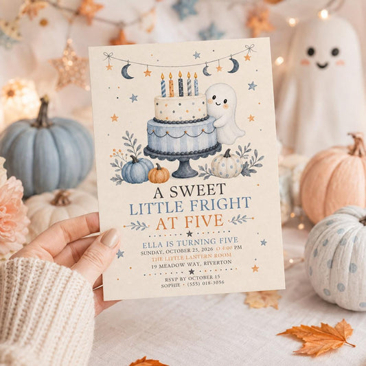5th Birthday Halloween Invitation, Cute Ghost Pumpkin Birthday Invite, Sweet Spooky Fall Party, Editable Canva Template