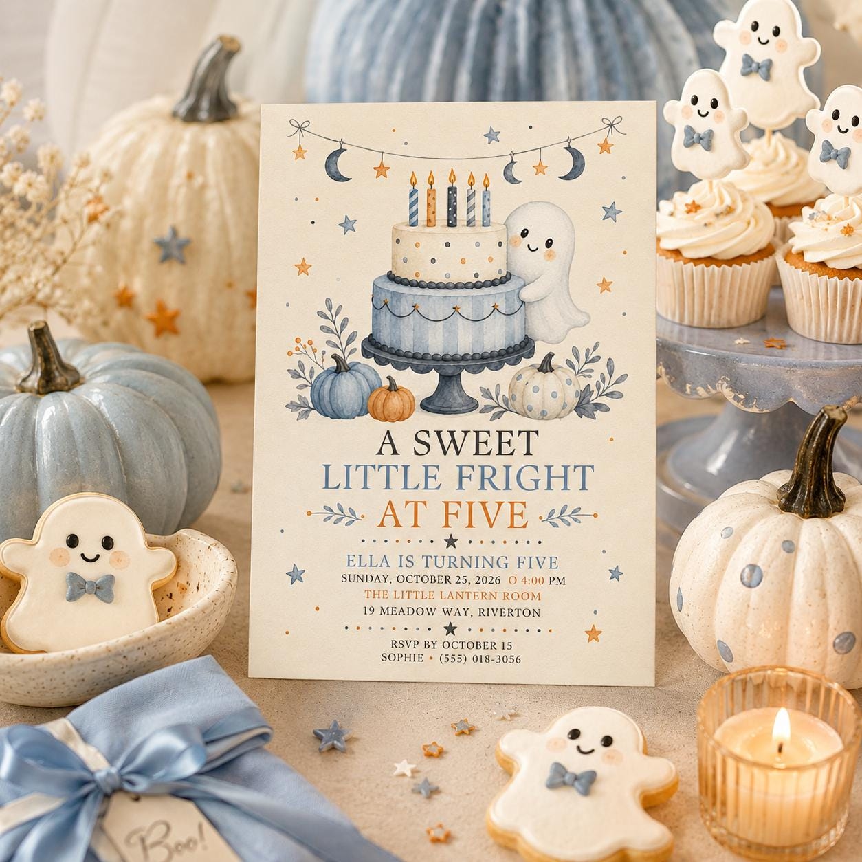 5th Birthday Halloween Invitation, Cute Ghost Pumpkin Birthday Invite, Sweet Spooky Fall Party, Editable Canva Template
