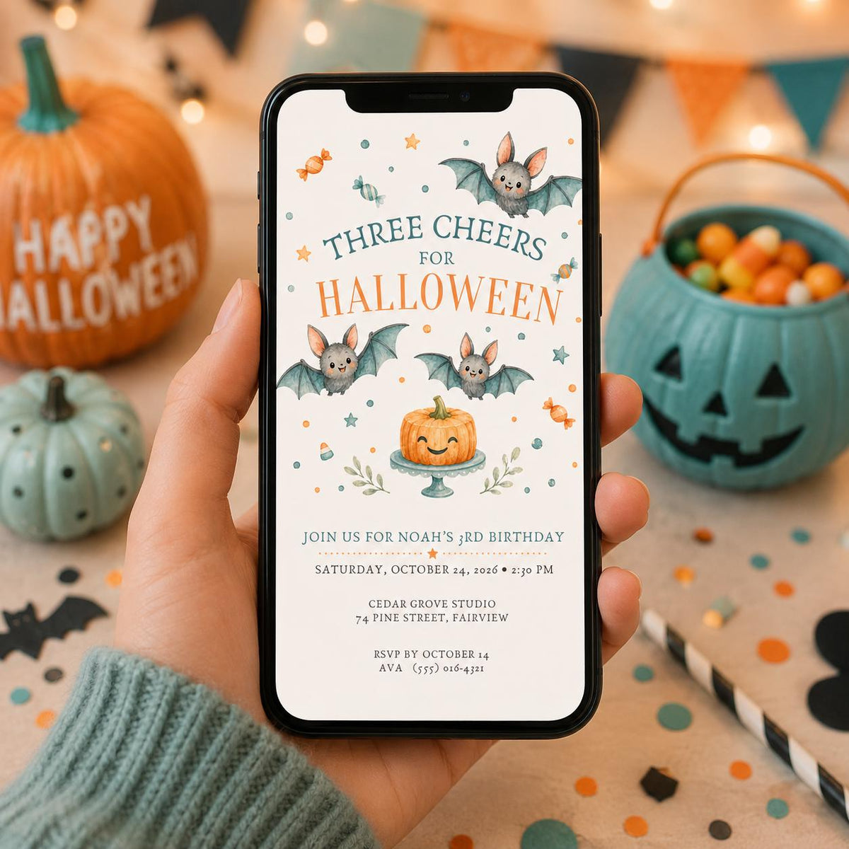 3rd Birthday Halloween Invitation, Cute Bat Pumpkin Party Invite, Kids Spooky Birthday, Orange Blue Halloween, Editable Canva Template