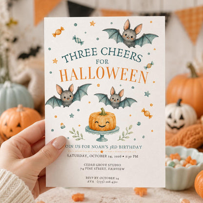 3rd Birthday Halloween Invitation, Cute Bat Pumpkin Party Invite, Kids Spooky Birthday, Orange Blue Halloween, Editable Canva Template