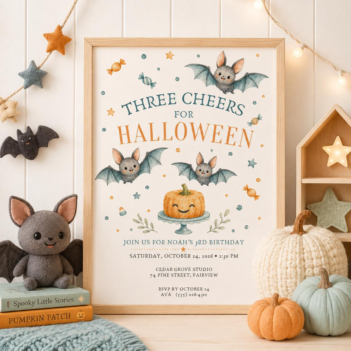 3rd Birthday Halloween Invitation, Cute Bat Pumpkin Party Invite, Kids Spooky Birthday, Orange Blue Halloween, Editable Canva Template