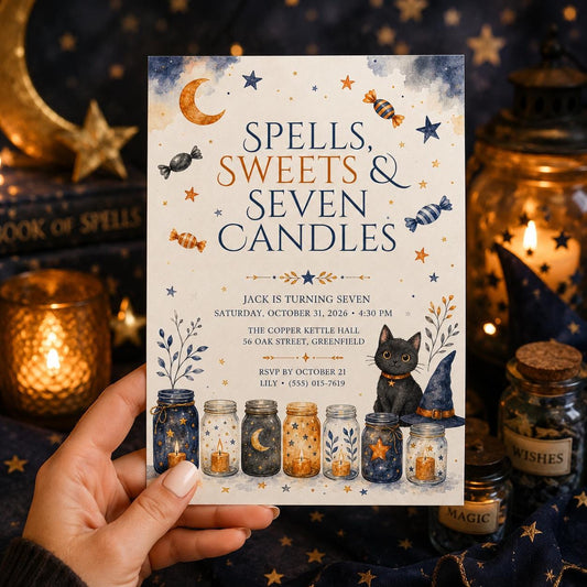 7th Birthday Halloween Invitation, Witch Cat Birthday Invite, Spells and Sweets Party, Celestial Halloween, Editable Canva Template