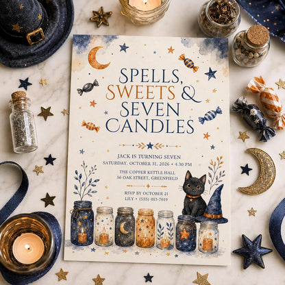 7th Birthday Halloween Invitation, Witch Cat Birthday Invite, Spells and Sweets Party, Celestial Halloween, Editable Canva Template