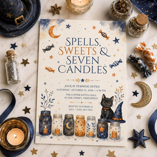 7th Birthday Halloween Invitation, Witch Cat Birthday Invite, Spells and Sweets Party, Celestial Halloween, Editable Canva Template