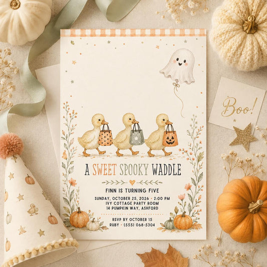 Fall Goose Birthday Invitation, Autumn Pumpkin Party Invite, Halloween Kids Birthday Canva Template