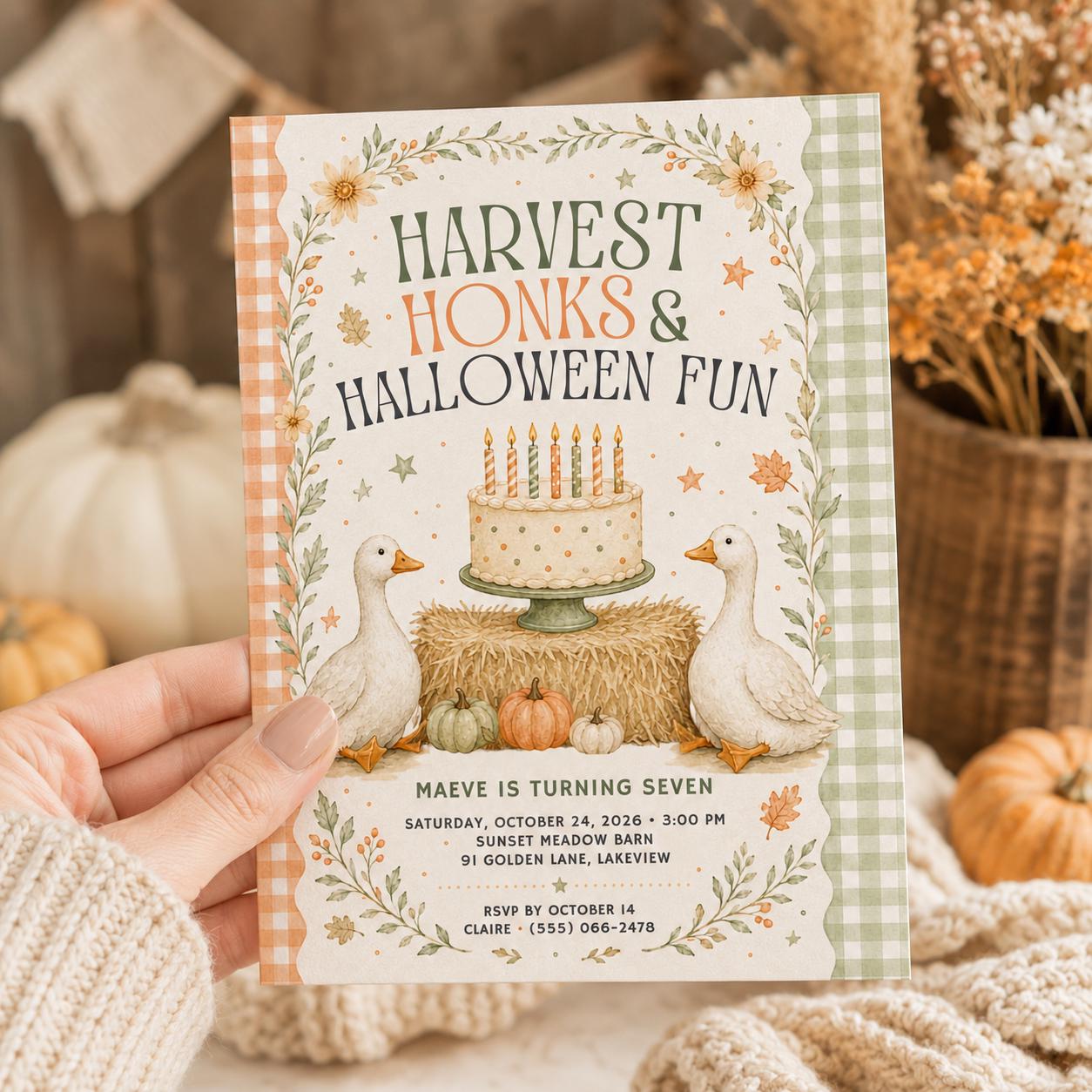 Fall Goose Birthday Invitation, Autumn Pumpkin Party Invite, Halloween Kids Birthday Canva Template