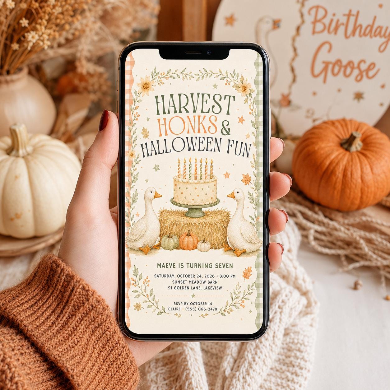 Fall Goose Birthday Invitation, Autumn Pumpkin Party Invite, Halloween Kids Birthday Canva Template