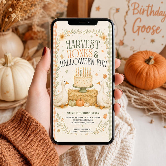 Fall Goose Birthday Invitation, Autumn Pumpkin Party Invite, Halloween Kids Birthday Canva Template