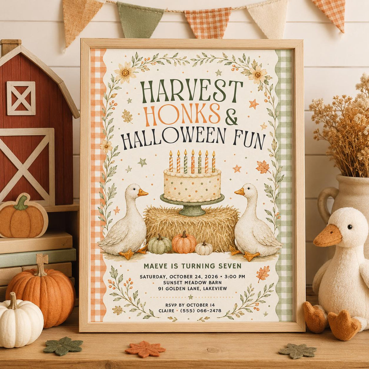 Fall Goose Birthday Invitation, Autumn Pumpkin Party Invite, Halloween Kids Birthday Canva Template