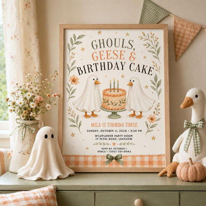 Fall Goose Birthday Invitation, Autumn Pumpkin Party Invite, Halloween Kids Birthday Canva Template