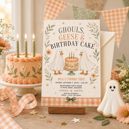 Fall Goose Birthday Invitation, Autumn Pumpkin Party Invite, Halloween Kids Birthday Canva Template