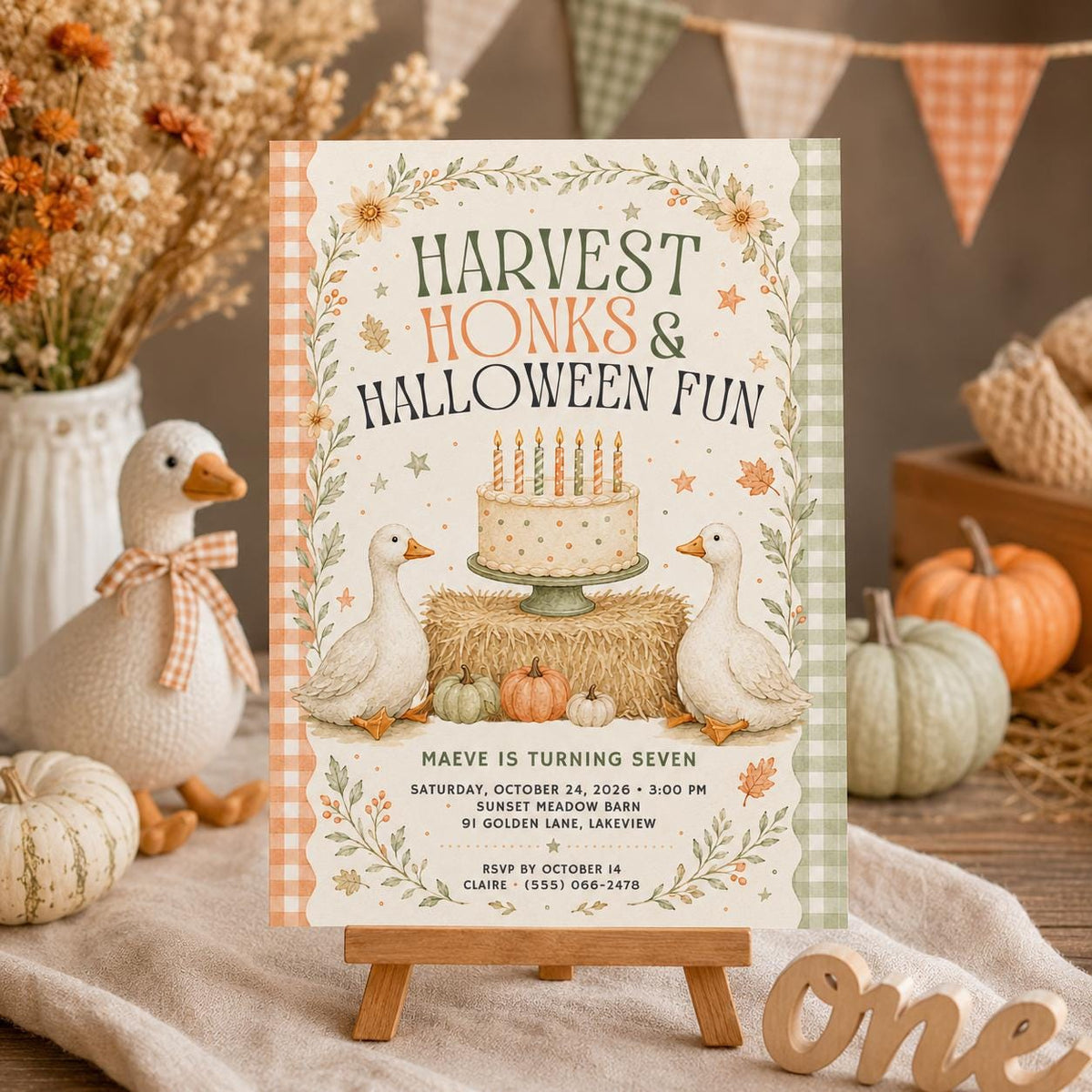 Fall Goose Birthday Invitation, Autumn Pumpkin Party Invite, Halloween Kids Birthday Canva Template